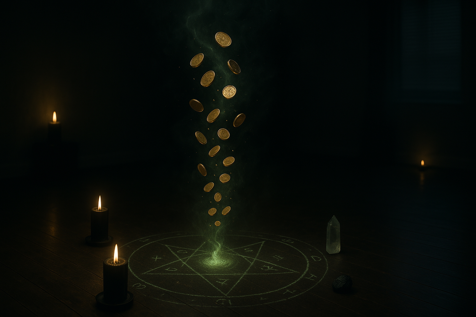 Dark room with black magic ritual, glowing  gold coins floating in the air